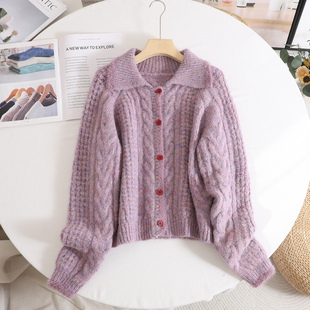 谜 女绞花毛衣外套2025秋冬 复古设计感紫色翻领加厚麻花针织开衫