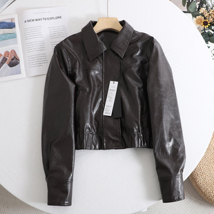 复古宽松显瘦百搭长袖 新款 棕色外套 酷飒翻领PU皮衣女2026春季 艾