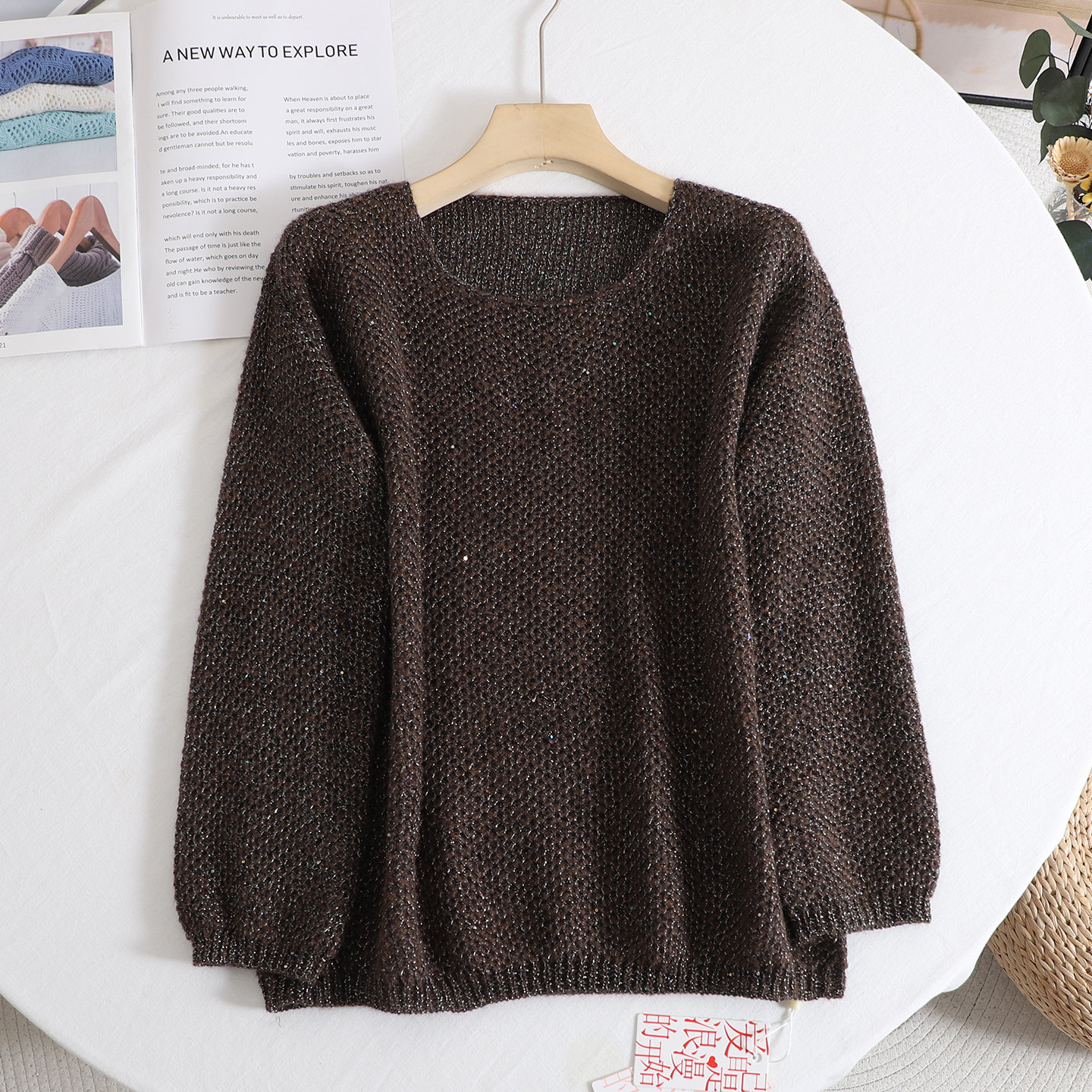 伊系 慵懒风重工亮片针织衫女2026春季新款镂空套头宽松显瘦毛衣,女装/女士精品,毛针织衫,淘宝优惠券,粉丝福利购,淘宝优惠卷