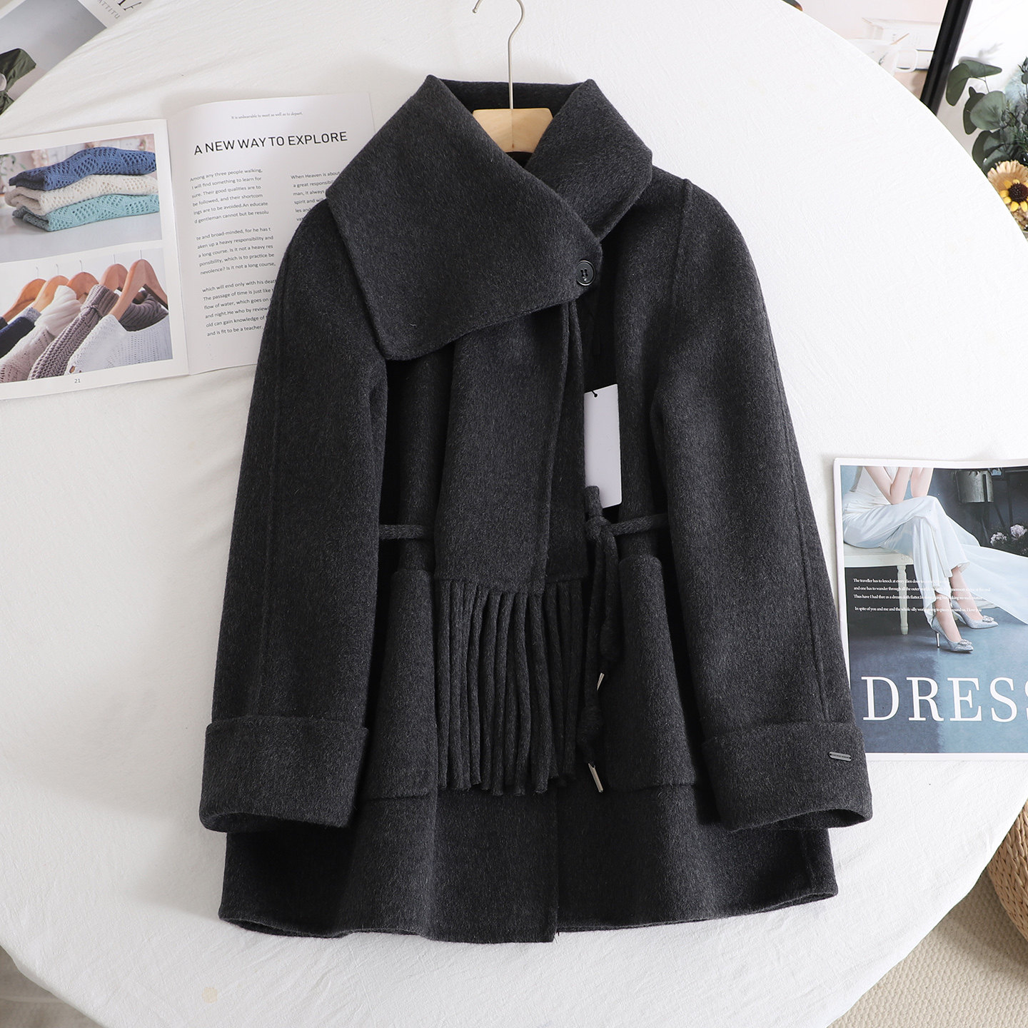 配围巾 2025冬季新款中长款深灰色双面呢大衣小个子羊毛呢外套女