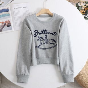 刺绣薄绒圆领卫衣女 春秋冬三季可穿小个子灰色休闲套头短款上衣