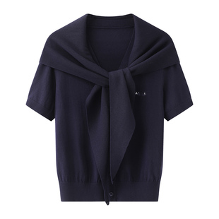 新款 2026春装 时尚 气质V领假两件毛衫 女 艾 短袖 可脱卸披肩领针织衫