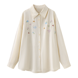 阔の浅黄色刺绣衬衫外套26春装新款长袖翻领休闲上衣条纹衬衣女