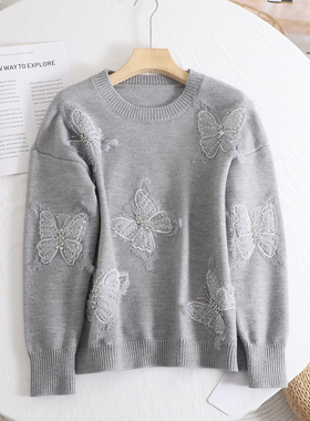 立体灰色蝴蝶刺绣钉珠针织衫女2025冬季慵懒圆领长袖百搭毛衣上衣
