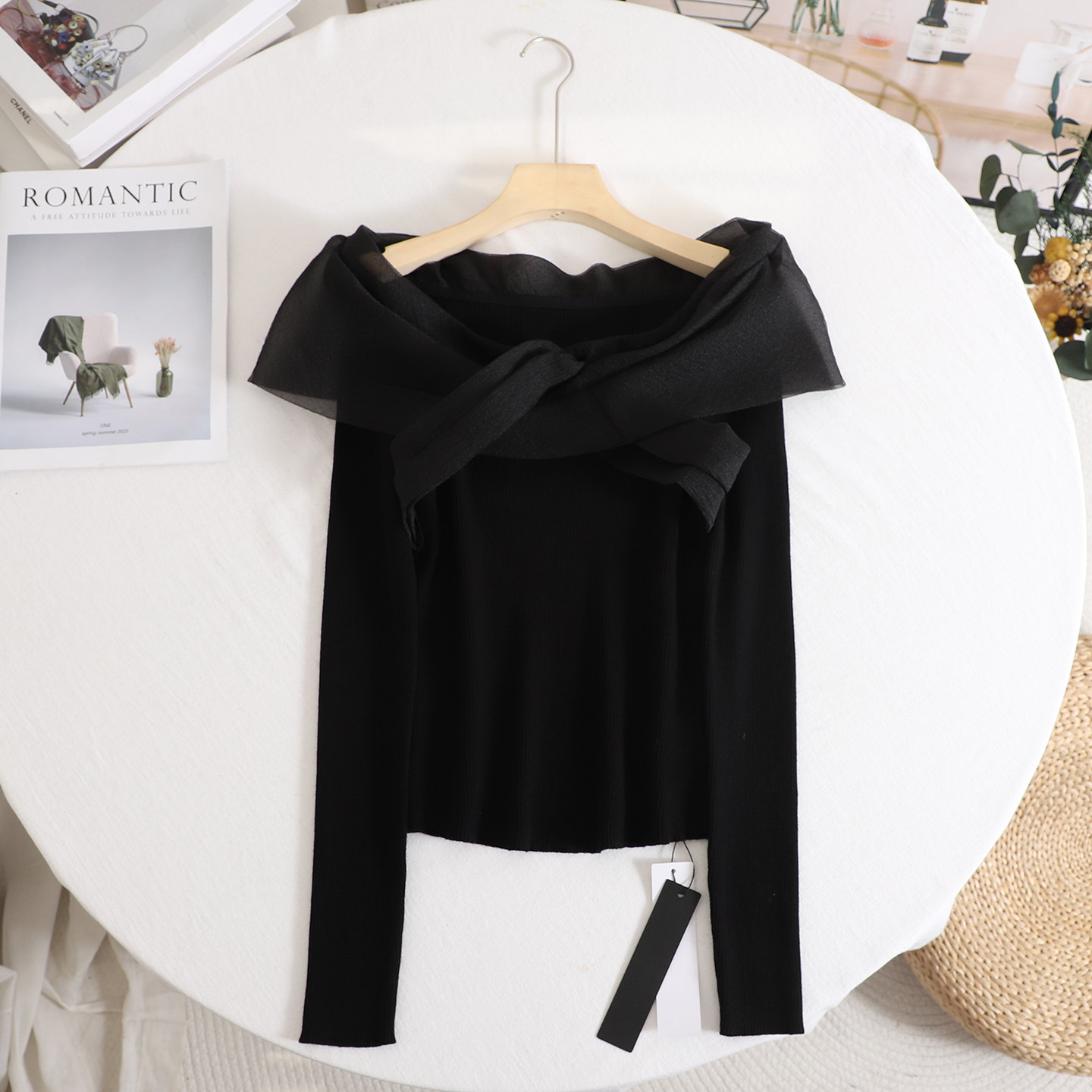 一字肩蝴蝶结拼接显瘦长袖针织衫