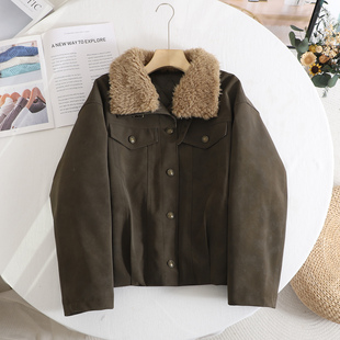 韩系高级感复古毛领皮衣女军绿色显瘦保暖羊羔毛外套2025冬新款