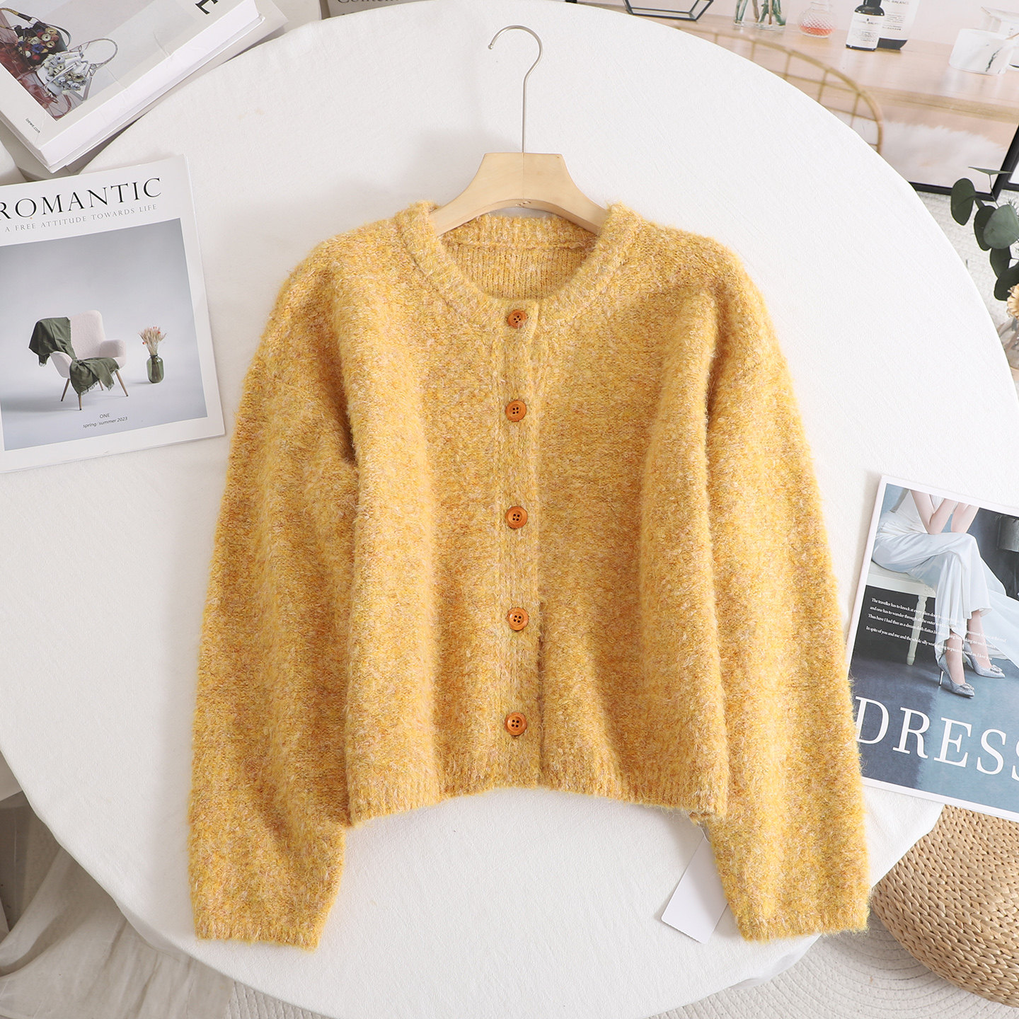 韩系慵懒风软糯宽松毛衣开衫女2025秋冬新款温柔风黄色针织上衣,女装/女士精品,毛针织衫,淘宝优惠券,粉丝福利购,淘宝优惠卷