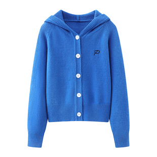 新款 女2026春季 百搭纽扣毛衣外套 多巴胺宝蓝色显白连帽针织衫 麦