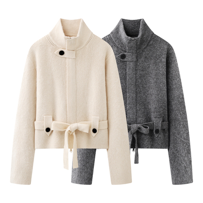 设计感气质不规则立领系带毛衣