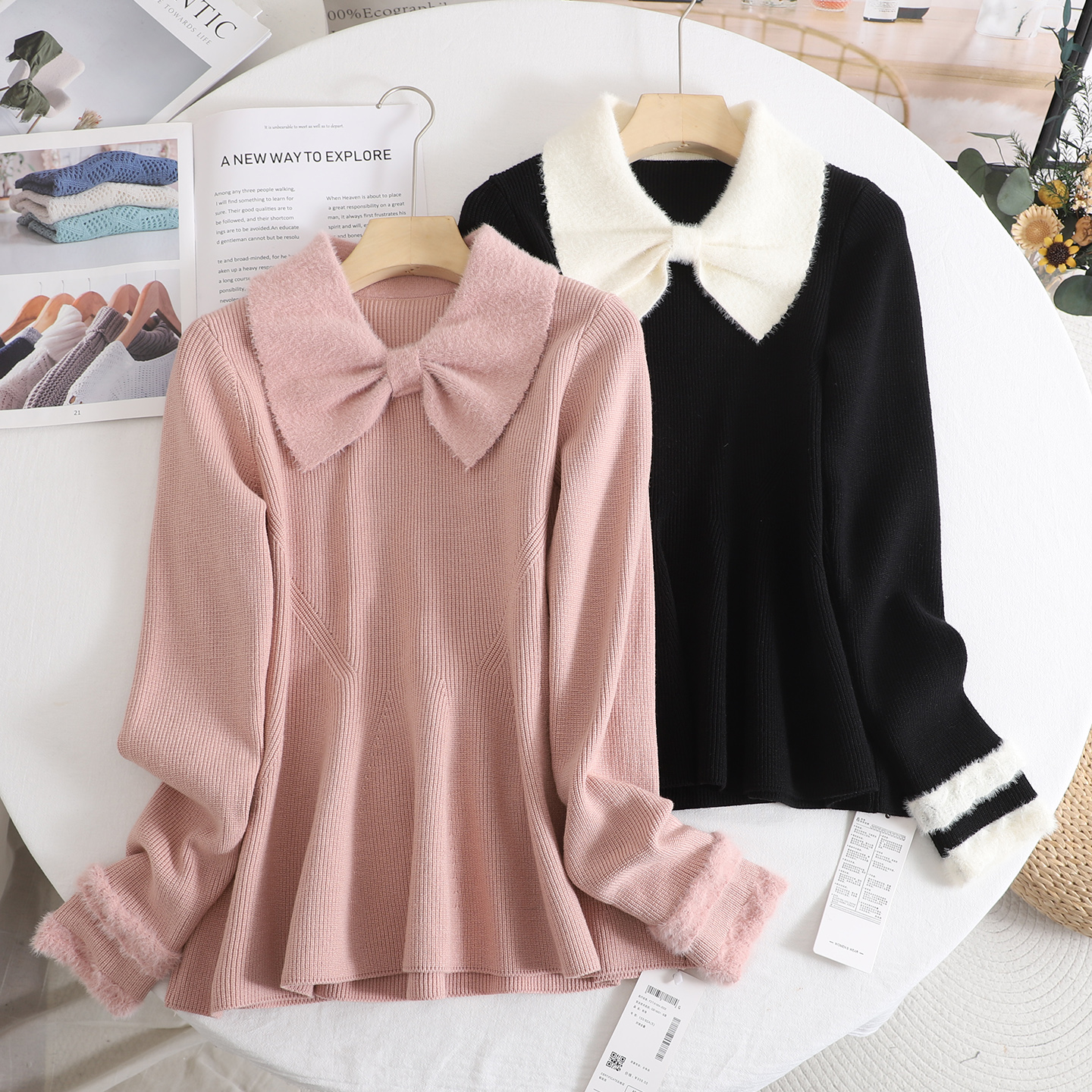 甜美风娃娃领蝴蝶结针织衫女