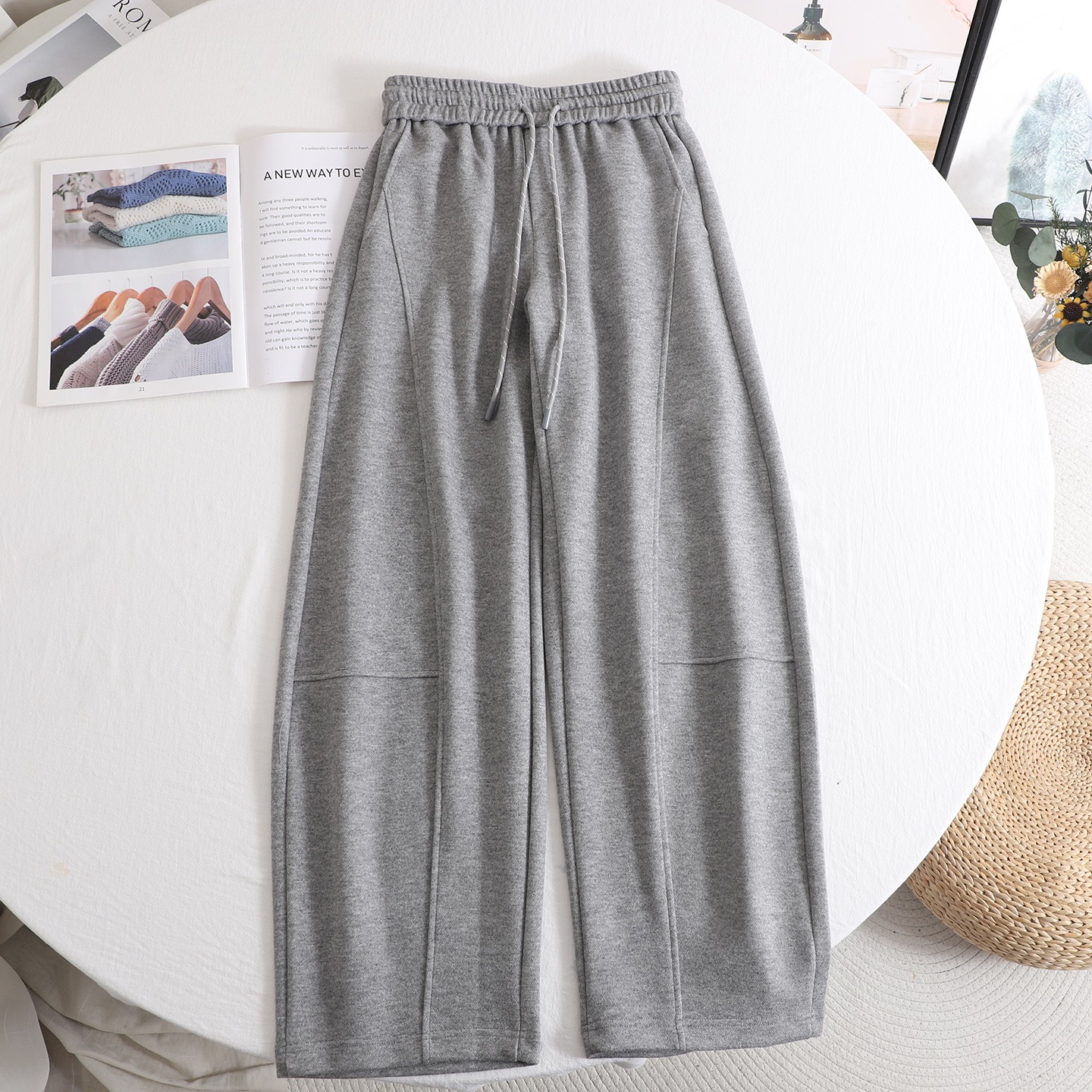 时尚高级感高腰显瘦灰色抽绳卫裤