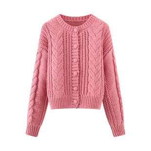 圆领宽松百搭短款 新款 毛衣外套 女2026春季 甜美风绞花粉色针织开衫