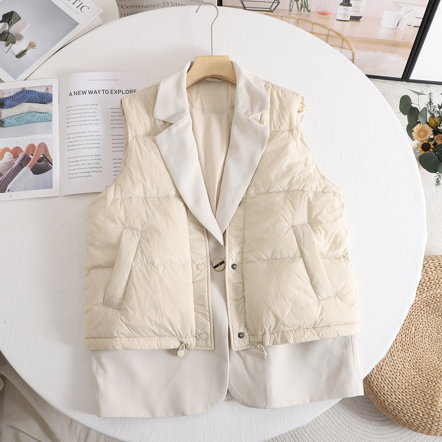 时尚西装拼接翻领假两件羽绒马甲