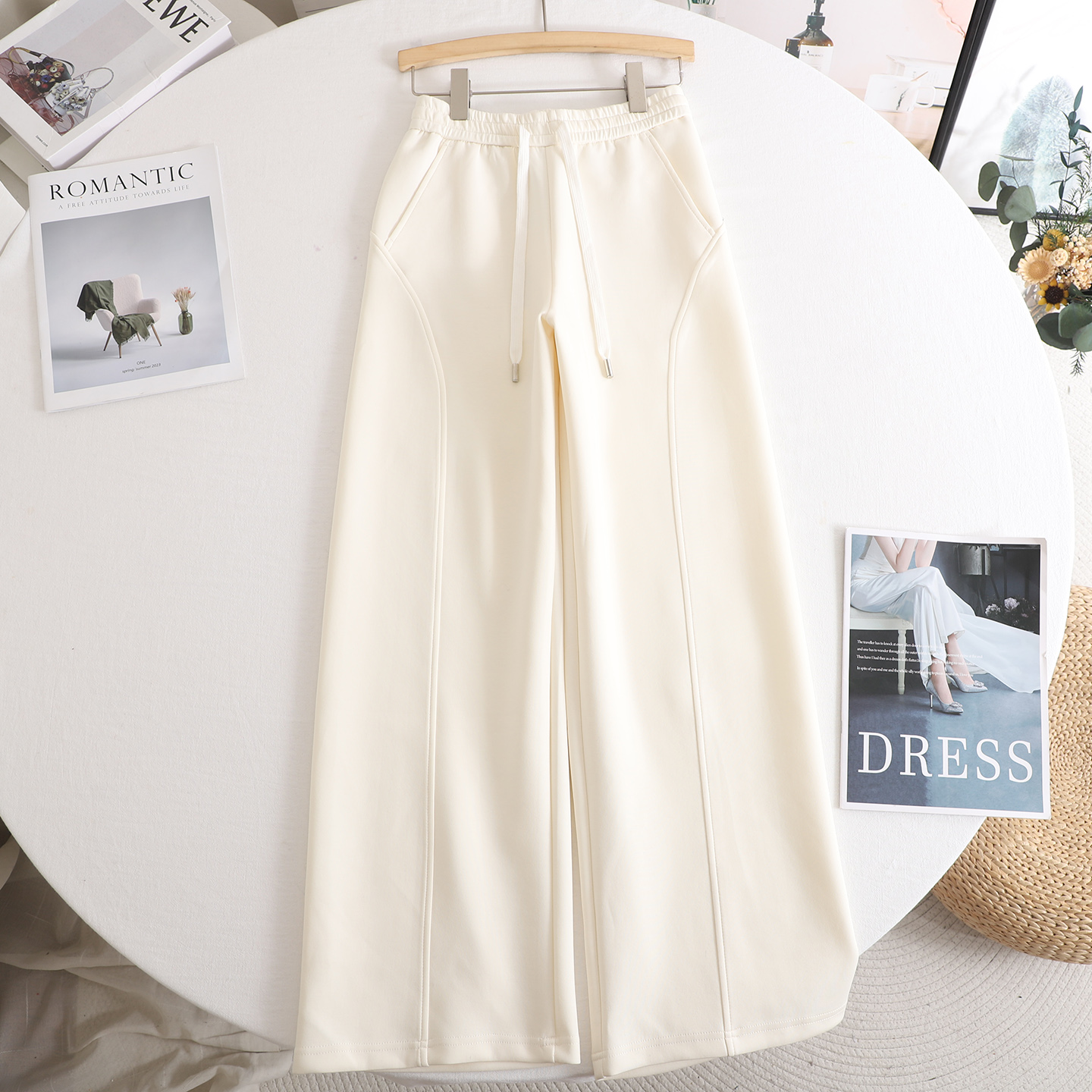 时尚气质松紧腰抽绳针织阔腿裤