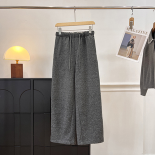 宽松高腰显瘦灰色休闲裤 细闪亮片系带直筒长裤 女2025秋冬新款