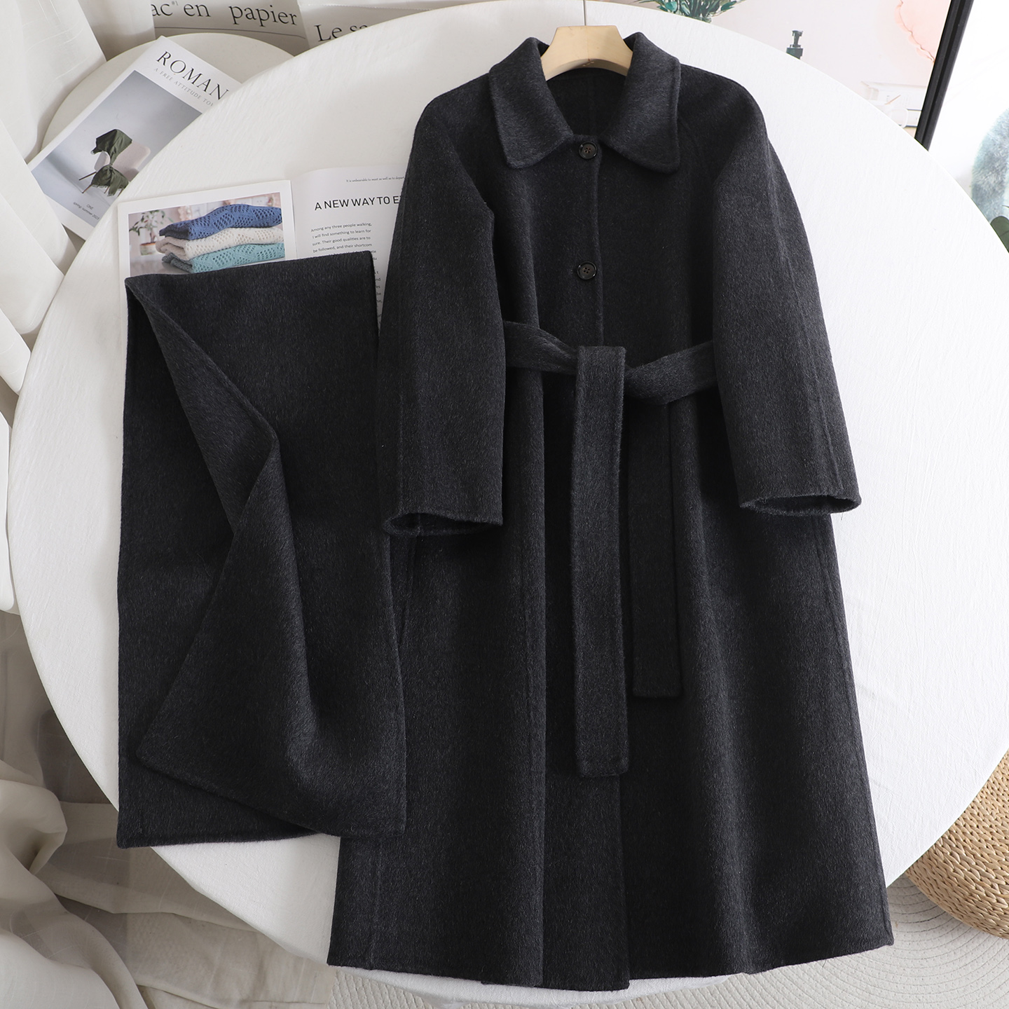 赫本风气质百搭围巾式双面呢大衣