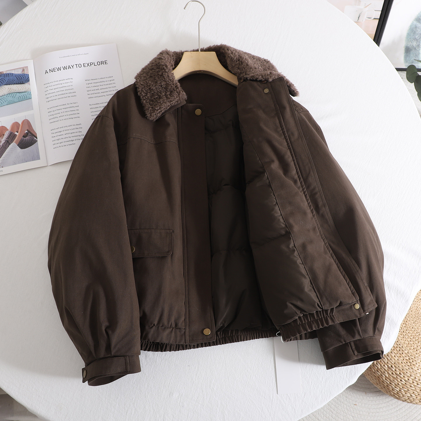 白鸭绒可拆毛领工装羽绒服