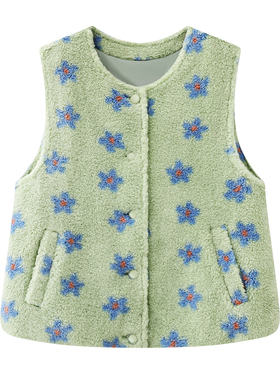 阔 新中式圆领绿色花朵印花仿羊羔毛马甲女2025秋冬叠穿背心上衣