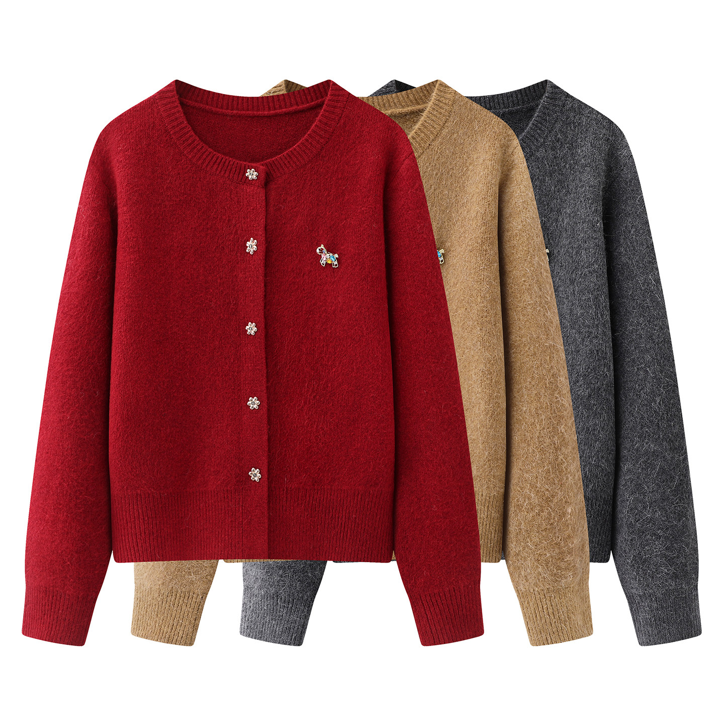 兔毛小马胸针开衫女2025冬季新款圣诞新年红麻花百搭减龄毛衣外套