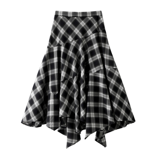 高腰显瘦不规则中长款 新款 A字裙女 设计感格纹半身裙2026春装 艾