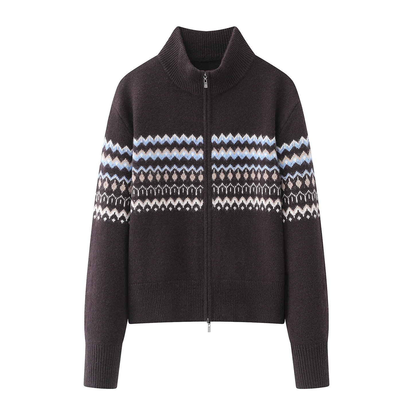 费尔岛风立领拉链提花针织衫