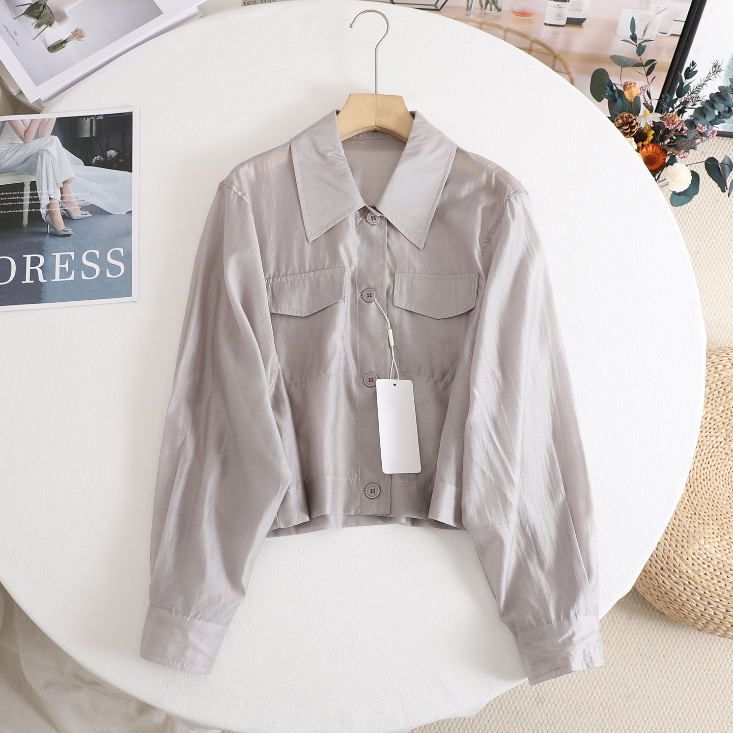 麦の时尚薄款天丝衬衫女25新款百搭翻领长袖休闲衬衣短款防晒衣