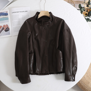 皮衣女2026春季 复古立领短款 美拉德咖啡色机车风显瘦外套 时尚 麦