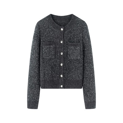 宽松减龄香风亮片灰色针织开衫