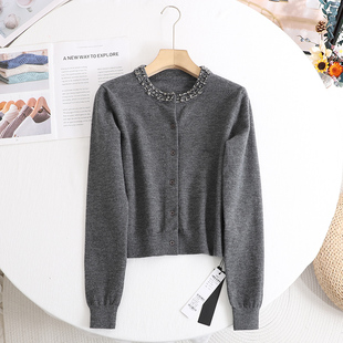 2025春季 开衫 新款 针织衫 女 设计感百搭显瘦手工钻饰圆领长袖 艾