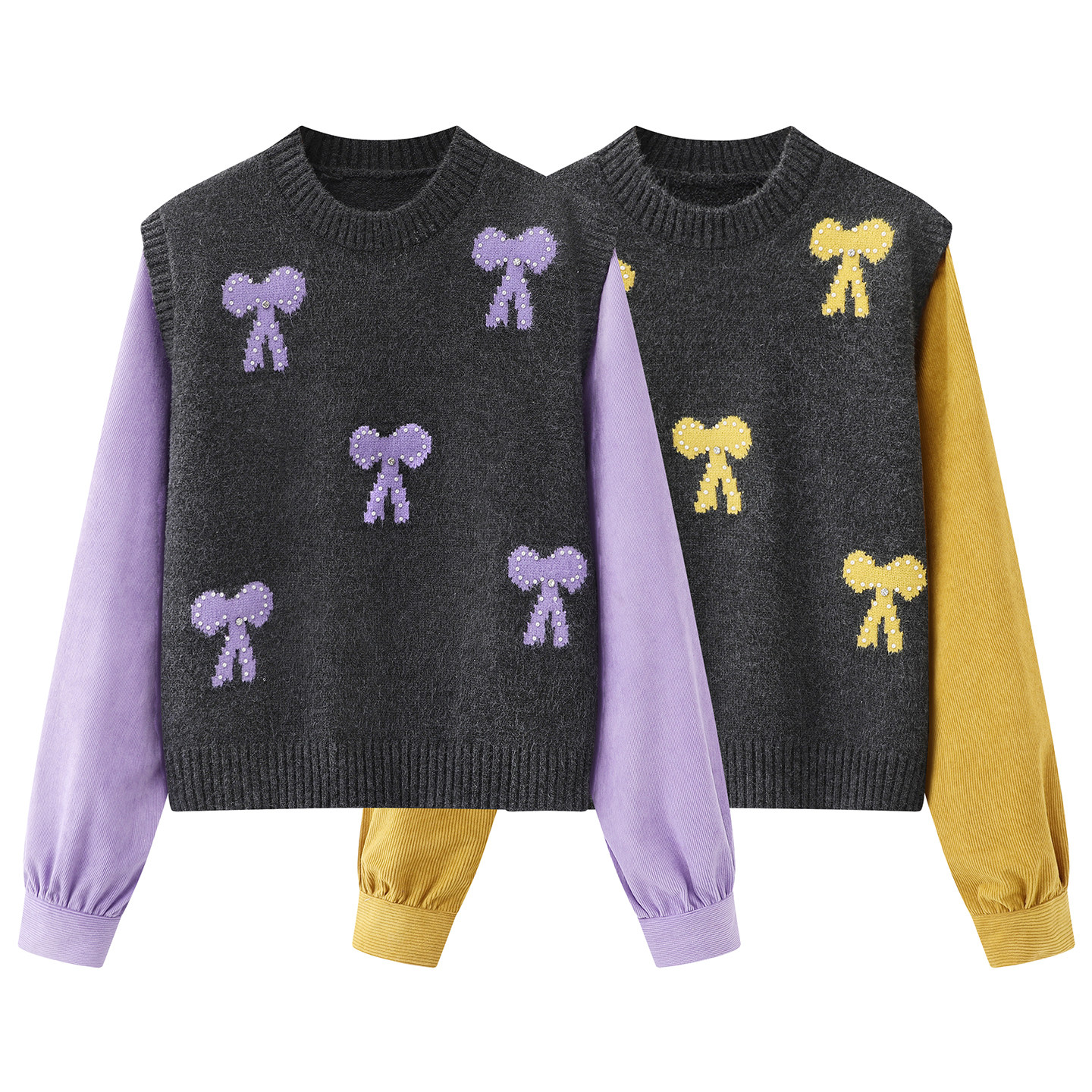 韩系蝴蝶结钉珠假两件毛衣女2026春季新款撞色套头长袖针织衫上衣,女装/女士精品,毛衣,淘宝优惠券,粉丝福利购,淘宝优惠卷