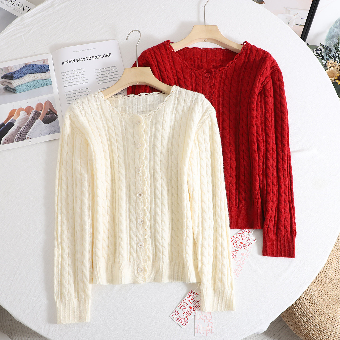 伊系新年战袍红毛衣2026春新款重工手钩编织经典绞花针织开衫女,女装/女士精品,毛针织衫,淘宝优惠券,粉丝福利购,淘宝优惠卷