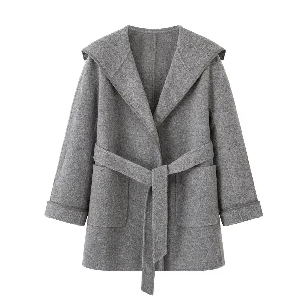 气质宽松显瘦灰色双面呢大衣