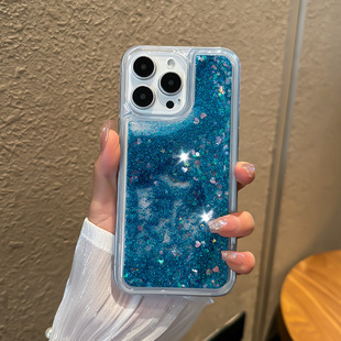 适用苹果15手机壳14防摔13新款pro手机套max流沙iphone液体流动por女款p高级感pm闪粉ins闪闪的金箔蓝色i紫色