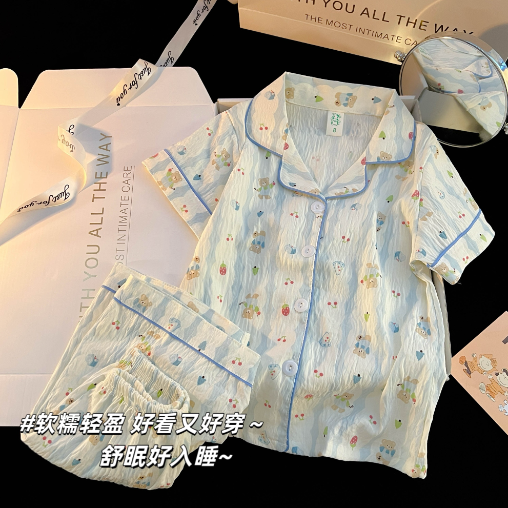 樱桃小熊儿童睡衣女夏季短袖云朵棉薄款大童女孩初中生家居服套装