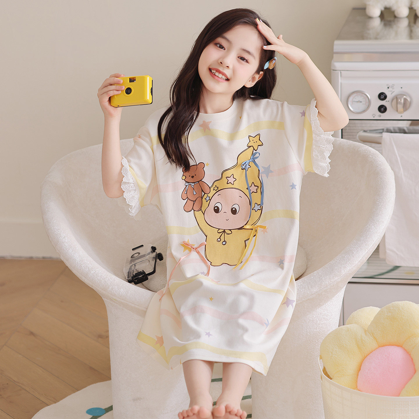 儿童夏季睡裙睡衣纯棉女童短袖中大童女孩公主卡通亲子夏天家居服