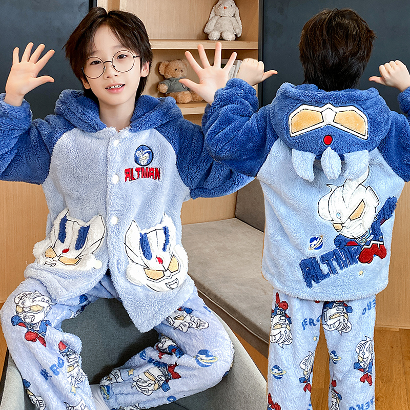 卡通奥特曼法兰绒秋冬季儿童睡衣