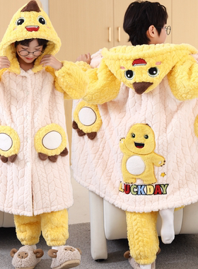 奶龙男童睡袍珊瑚绒秋冬季加绒加厚中大童儿童男孩睡衣法兰绒套装