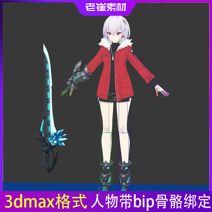 3dmax卡通人物三维模型 bip骨骼带蒙皮绑定可调动画 3d动画素材