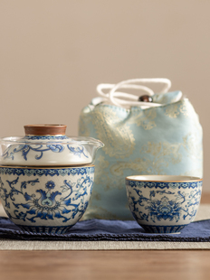 善简国潮汝窑旅行茶具套装便携式快客杯一壶两杯户外露营随身泡茶