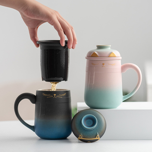 善简马克杯陶瓷情侣泡茶杯茶水分离带盖过滤家用办公个人水杯男女