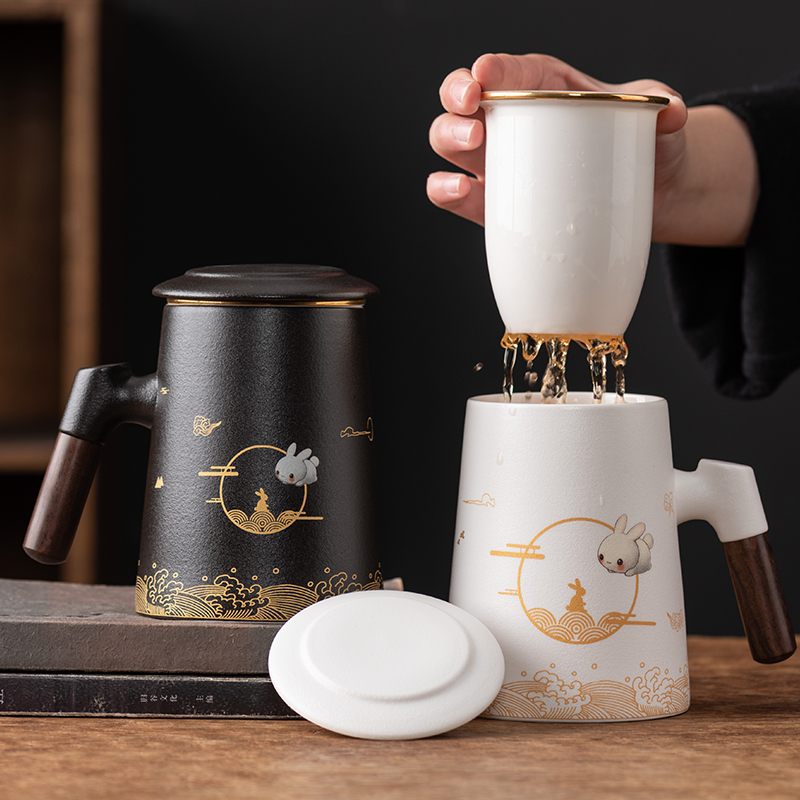 善简马克杯陶瓷泡茶杯茶水分离带盖过滤家用办公室水杯男女大容量