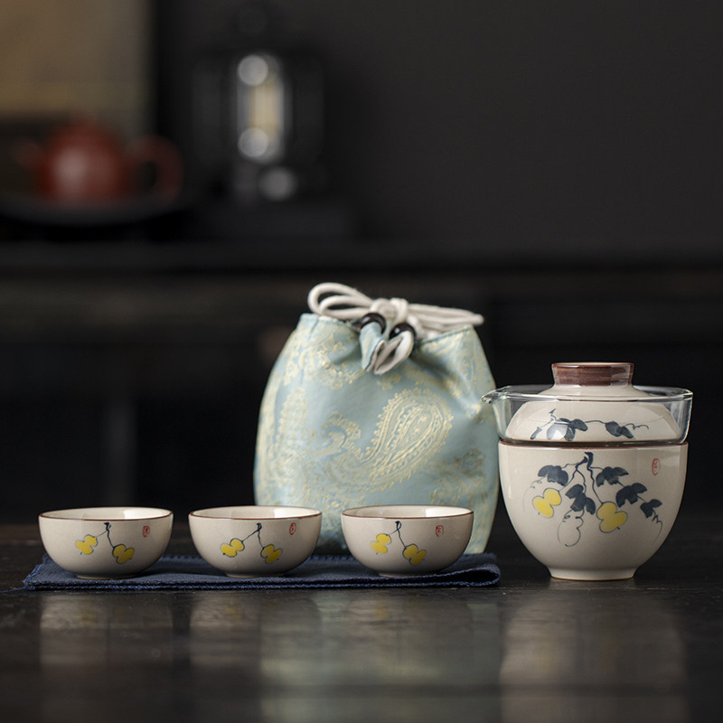 善简极简手绘釉下彩旅行茶具套装户外便携收纳一壶四杯快客杯男女,餐饮具,旅行茶具,淘宝优惠券,粉丝福利购,淘宝优惠卷