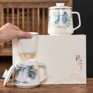 善简羊脂玉茶杯茶水分离带盖过滤陶瓷家用办公室个人白瓷水杯男女
