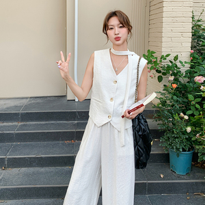 韩版白色西服套装女春夏装背心马甲宽松休闲老钱风阔腿时尚两件套图片