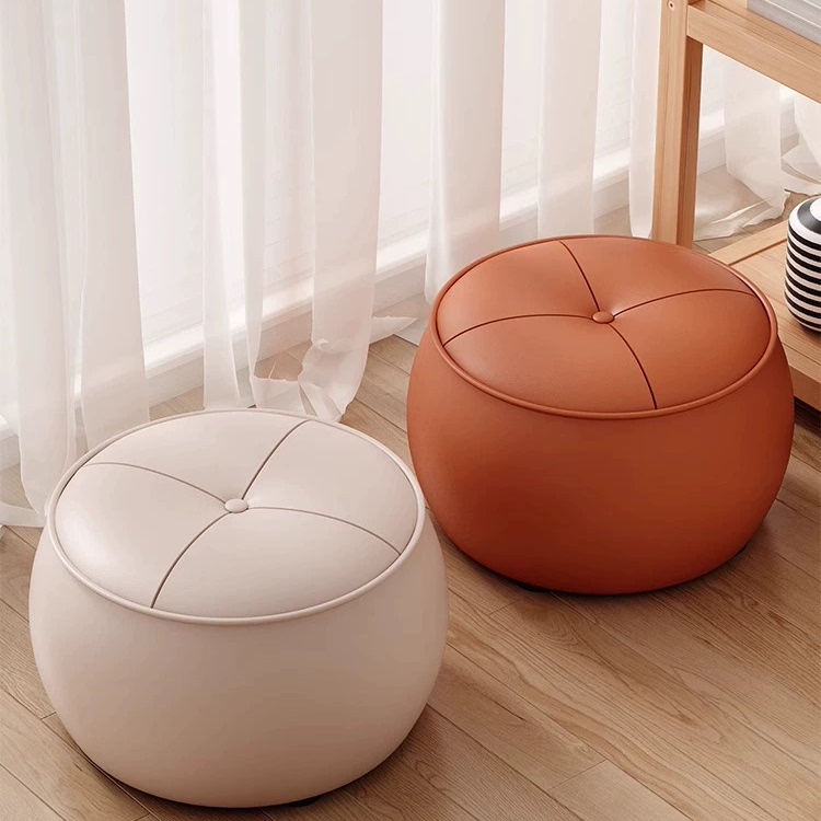 入户门口换鞋凳轻奢实木圆凳皮质家用矮凳客厅凳子沙发茶几南瓜凳