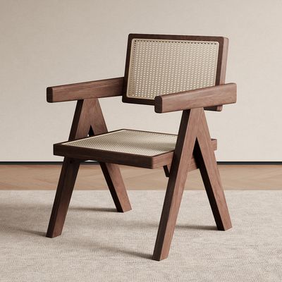 软包扶手靠背椅休闲藤编椅子实木餐椅家用中古风昌迪加尔椅侘寂风