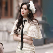 高端时尚 文艺复古套装 女神2023年夏季 孟子义同款 旗袍 披肩两件套