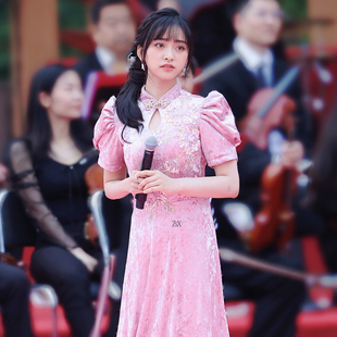 沈月同款精美刺绣旗袍领高端优雅礼服裙女士宴会高级感气质连衣裙