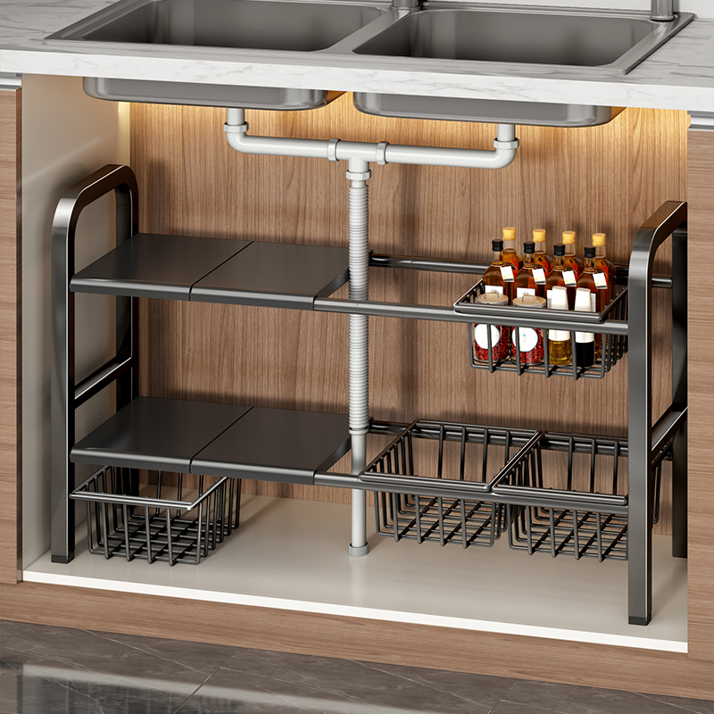 厨房水槽下收纳架可伸缩多层置物架橱柜内分层多功能锅具储物架子