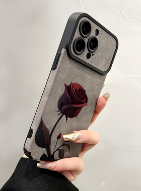 翻毛皮红色玫瑰适用苹果17promax手机壳iPhoneAir新款16pro女款15plus高级感14大视窗13全包防摔12小众11超薄